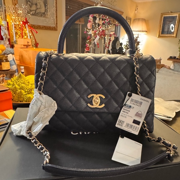 Authentic Chanel Navy Quilted Shoulder Bag with Gold Accents